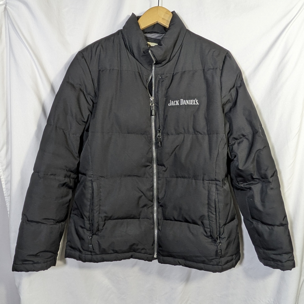 Black Down Puffer Jacket North End Jack Daniel's‎ Logo Winter Warm Cozy L